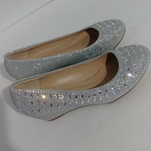 New Low Wedge Closed Toe Silver Mesh-Glitter Shoes